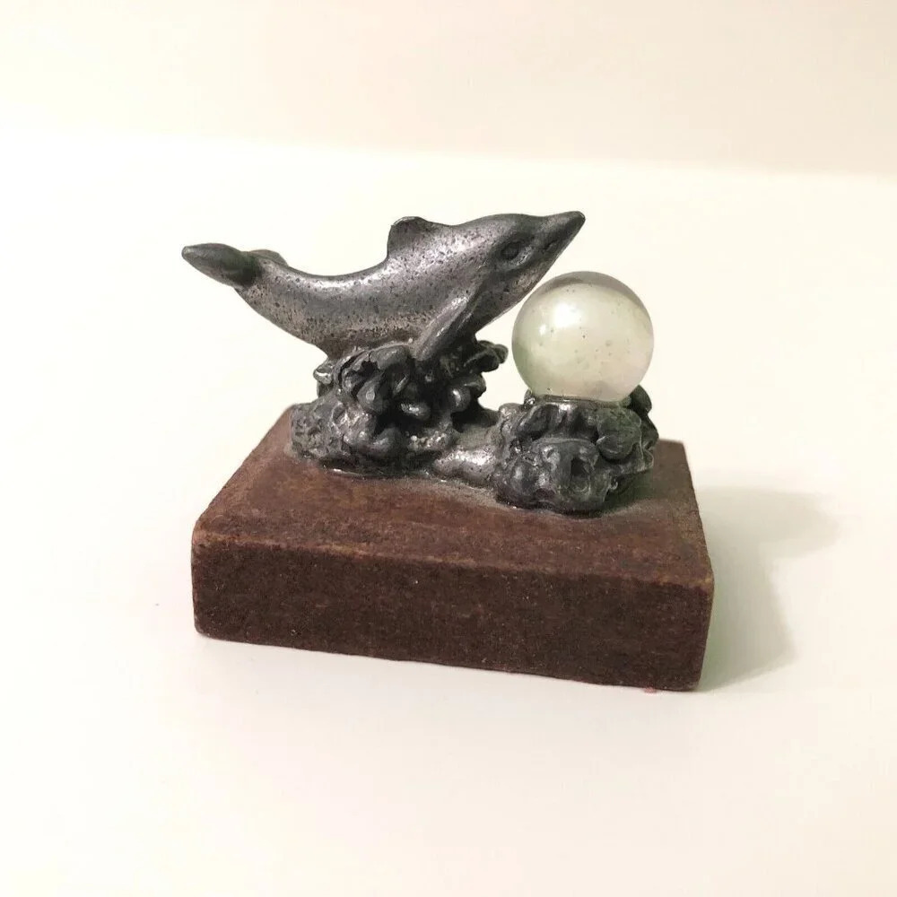 Vintage Miniature Dolphin Metal Figurine on Wooden Stand Crystal Ball Sphere